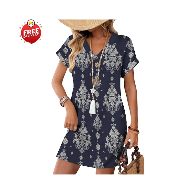 Woman wearing casual summer t-shirt dress with pockets, Relaxed fit short sleeve v-neck mini dress outfit, Beach vacation outfit with flowy t-shirt dress, Women’s casual pocket dress styled with sandals, Summer t-shirt dress paired with straw hat and bag, Short sleeve mini dress for spring outings, Casual wedding guest t-shirt dress for women, Comfortable maternity-friendly flowy dress design, Teacher outfit featuring relaxed summer dress, Plus size casual t-shirt dress with pockets