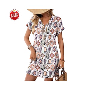 Woman wearing casual summer t-shirt dress with pockets, Relaxed fit short sleeve v-neck mini dress outfit, Beach vacation outfit with flowy t-shirt dress, Women’s casual pocket dress styled with sandals, Summer t-shirt dress paired with straw hat and bag, Short sleeve mini dress for spring outings, Casual wedding guest t-shirt dress for women, Comfortable maternity-friendly flowy dress design, Teacher outfit featuring relaxed summer dress, Plus size casual t-shirt dress with pockets