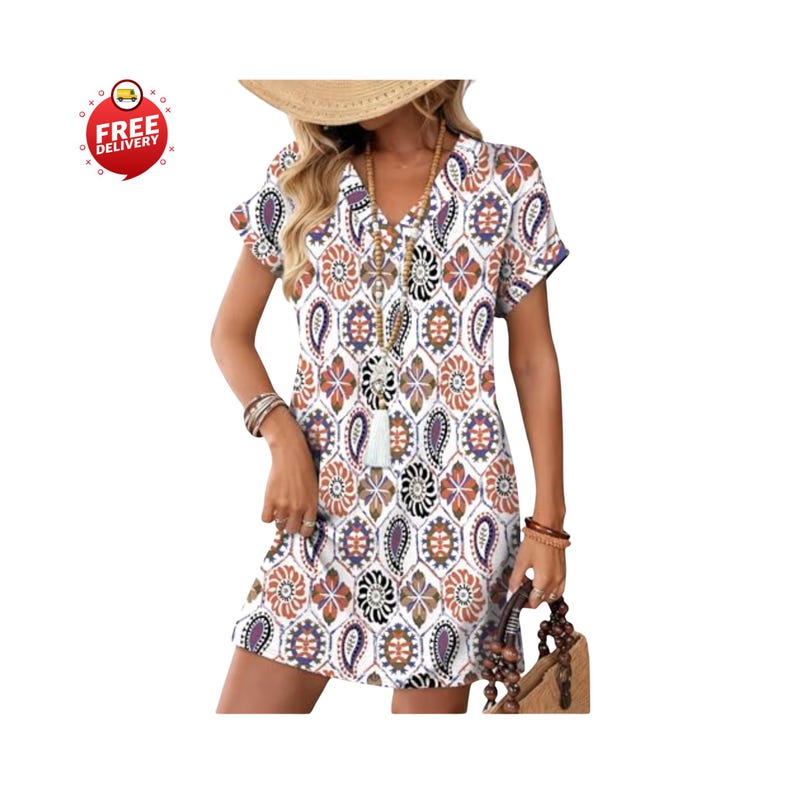 Woman wearing casual summer t-shirt dress with pockets, Relaxed fit short sleeve v-neck mini dress outfit, Beach vacation outfit with flowy t-shirt dress, Women’s casual pocket dress styled with sandals, Summer t-shirt dress paired with straw hat and bag, Short sleeve mini dress for spring outings, Casual wedding guest t-shirt dress for women, Comfortable maternity-friendly flowy dress design, Teacher outfit featuring relaxed summer dress, Plus size casual t-shirt dress with pockets