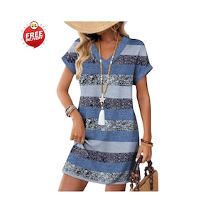 Woman wearing casual summer t-shirt dress with pockets, Relaxed fit short sleeve v-neck mini dress outfit, Beach vacation outfit with flowy t-shirt dress, Women’s casual pocket dress styled with sandals, Summer t-shirt dress paired with straw hat and bag, Short sleeve mini dress for spring outings, Casual wedding guest t-shirt dress for women, Comfortable maternity-friendly flowy dress design, Teacher outfit featuring relaxed summer dress, Plus size casual t-shirt dress with pockets