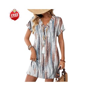 Woman wearing casual summer t-shirt dress with pockets, Relaxed fit short sleeve v-neck mini dress outfit, Beach vacation outfit with flowy t-shirt dress, Women’s casual pocket dress styled with sandals, Summer t-shirt dress paired with straw hat and bag, Short sleeve mini dress for spring outings, Casual wedding guest t-shirt dress for women, Comfortable maternity-friendly flowy dress design, Teacher outfit featuring relaxed summer dress, Plus size casual t-shirt dress with pockets