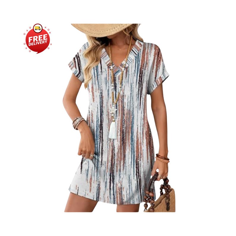 Woman wearing casual summer t-shirt dress with pockets, Relaxed fit short sleeve v-neck mini dress outfit, Beach vacation outfit with flowy t-shirt dress, Women’s casual pocket dress styled with sandals, Summer t-shirt dress paired with straw hat and bag, Short sleeve mini dress for spring outings, Casual wedding guest t-shirt dress for women, Comfortable maternity-friendly flowy dress design, Teacher outfit featuring relaxed summer dress, Plus size casual t-shirt dress with pockets