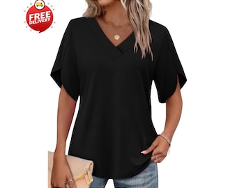Women’s Summer V Neck Top Petal Sleeve Blouse Casual Fashion Shirt Lightweight Outfit