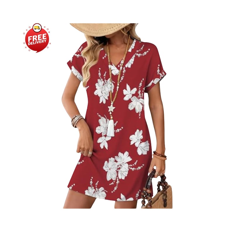 Woman wearing casual summer t-shirt dress with pockets, Relaxed fit short sleeve v-neck mini dress outfit, Beach vacation outfit with flowy t-shirt dress, Women’s casual pocket dress styled with sandals, Summer t-shirt dress paired with straw hat and bag, Short sleeve mini dress for spring outings, Casual wedding guest t-shirt dress for women, Comfortable maternity-friendly flowy dress design, Teacher outfit featuring relaxed summer dress, Plus size casual t-shirt dress with pockets