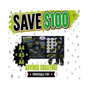 May include: A printable PDF savings challenge titled Bearing Boost featuring a green-skinned character with a skateboard. The design includes a grid of $5 circles, text reading Save $100, and A4, A5, A6 size labels. The aesthetic uses black, green, and blue.