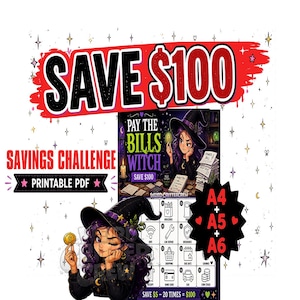 May include: A printable PDF savings challenge featuring a cartoon witch character with purple hair and a black hat. The graphic includes the text SAVE $100, PAY THE BILLS WITCH, and a grid of icons for expenses like groceries, car repair, and insurance.