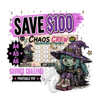 Chaotische Crew Einsparungen Herausforderung Printable | Hexe Rollschuh Ersparnistracker | Goth Geldchallenge PDF | A4 A5 A6 Budget Binder Einlage