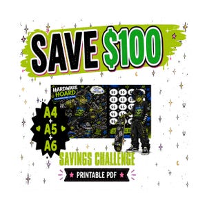 May include: A printable PDF savings challenge titled Hardware Hoard featuring a cartoon character with blue hair and a skateboard. The graphic includes a grid of circles labeled $5, the text Save $100, and A4, A5, A6 size options in a black, green, and white color scheme.