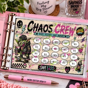 Desafío de ahorro con graffiti imprimible / Ahorra 100 Chaos Crew Goblin Skater Tracker / Carpeta de presupuesto para rellenar con dinero de arte callejero A6 A5 A4