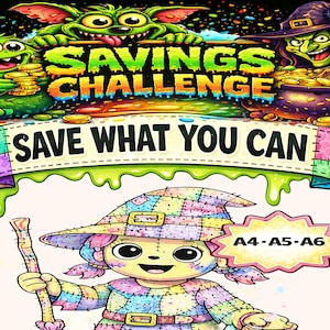 Patchwork Savings Challenge Tracker | Witch Coloring Budget PDF (A4, A5, A6)