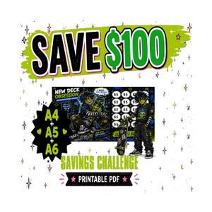 May include: A printable PDF savings challenge sheet titled New Deck Obsession featuring a cartoon character with a skateboard, a grid of $5 circles, and the text Save $100, A4 + A5 + A6, and Savings Challenge. The design uses black, white, and lime green.