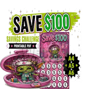 May include: A printable savings challenge PDF featuring a green creature dressed as a nurse inside a pink medical case. The graphic includes the text SAVE $100, SAVINGS CHALLENGE, PRINTABLE PDF, and A4, A5, A6. It has circular icons with the number 5.