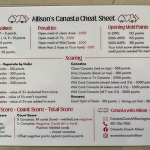 May include: A white rectangular card titled Allison's Canasta Cheat Sheet with black text and red accents. It lists card values, penalties, opening meld points, scoring rules for threes and canastas, bonuses, and contact information for Canasta Coach Allison.