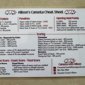 May include: A clear plastic-covered Canasta cheat sheet with detailed card values, penalties, and scoring rules. The sheet includes opening meld points, bonuses, and contact information for "Canasta with Allison."