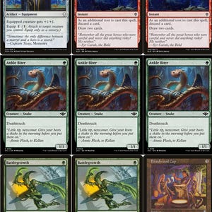 May include: A collection of Magic: The Gathering trading cards. The cards feature various illustrations and text, including a sword, a snake, and a figure with a bow. The cards are in English.