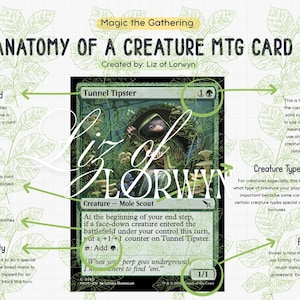 Puede incluir: Anatomía de una carta de criatura MTG, con una carta verde de Magic the Gathering, "Tunnel Tipster". La carta tiene un tipo de criatura de Mole Scout y una fuerza/resistencia de 1/1. La imagen incluye texto que explica los elementos de la carta.