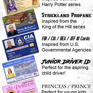 Peut inclure: Plusieurs cartes d'identit&eacute; fantaisie avec divers designs. Comprend une carte d'&eacute;tudiant de l'&eacute;cole de sorcellerie Poudlard, une carte d'employ&eacute; Strickland Propane et une carte d'identit&eacute; de la CIA. Comprend &eacute;galement un permis de conduire junior et une carte de princesse.
