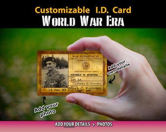 Peut inclure: Carte d'identité personnalisable de l'ère de la Seconde Guerre mondiale, tenue dans une main. La carte présente un design vintage avec une photo et des détails. Le texte comprend "WAR DEPARTMENT" et "ADD YOUR DETAILS + PHOTOS."