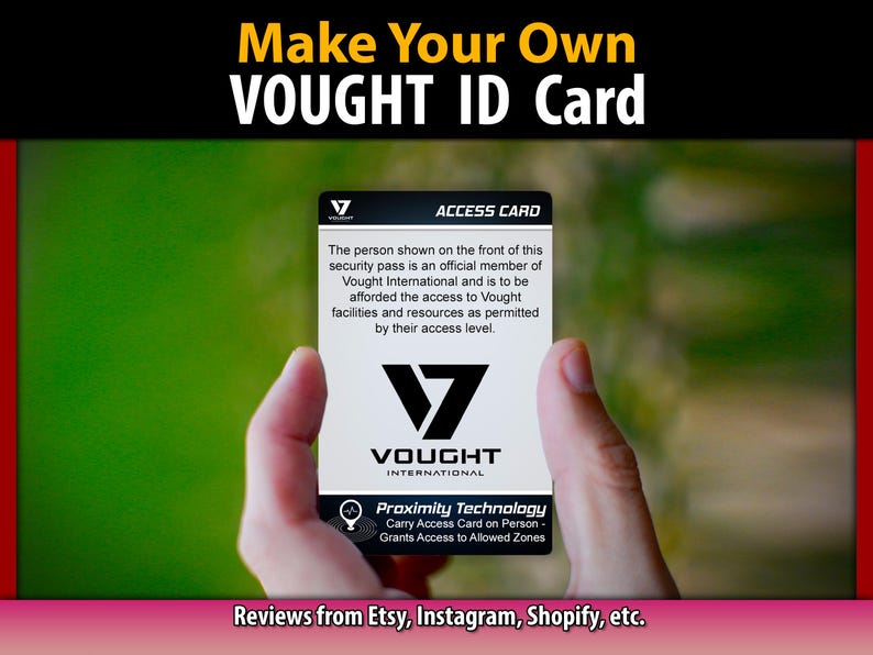 Peut inclure: Une carte d'identit&eacute; Vought est tenue dans les mains d'une personne. La carte pr&eacute;sente le logo Vought International et le texte "ACCESS CARD". La carte indique que la personne est membre officiel et a acc&egrave;s aux installations Vought.