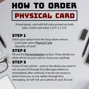 Peut inclure: Image avec des instructions pour commander une carte physique. Le texte d&eacute;taille les &eacute;tapes de s&eacute;lection des options, de personnalisation et de soumission de photo. La carte mesure 8,57 cm x 5,4 cm.