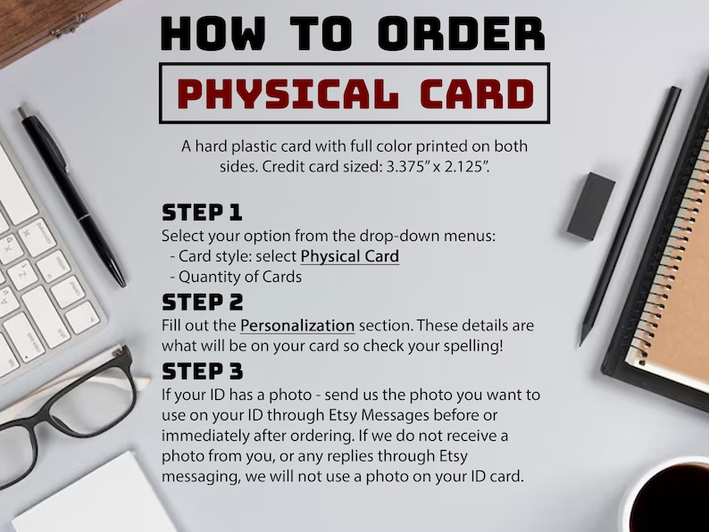 Peut inclure: Image avec des instructions pour commander une carte physique. Le texte d&eacute;taille les &eacute;tapes de s&eacute;lection des options, de personnalisation et de soumission de photo. La carte mesure 8,57 cm x 5,4 cm.