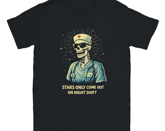 Night Shift Nurse Shirt – Funny Skeleton Nurse T-Shirt, Healthcare Humor Tee, RN LPN CNA Gift, Soft Graphic Shirt