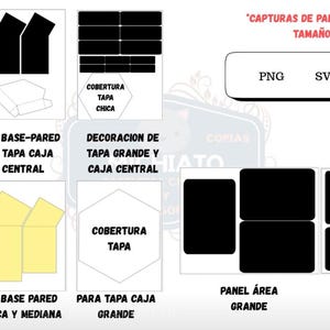 Peut inclure: Diagrammes de modèles d'emballage, avec des textes en espagnol indiquant les tailles et les types. Comprend des couvercles, des bases et des panneaux de boîtes. Formats PNG, SVG et PDF disponibles. Pour différentes tailles de boîtes.