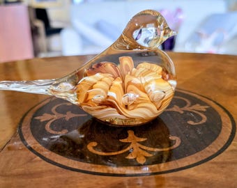 Joe St. Clair Tan and White Swirl Glass Bird, 4.5 in x 3in, c. 1988. Hand Blown
