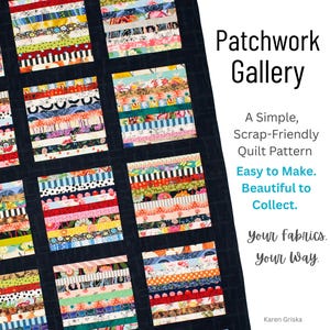 May include: A colorful patchwork quilt with rectangular blocks, each featuring horizontal strips of patterned fabric in various colors. The quilt is set against a dark background. Text on the right reads "Patchwork Gallery" and "Easy to Make."