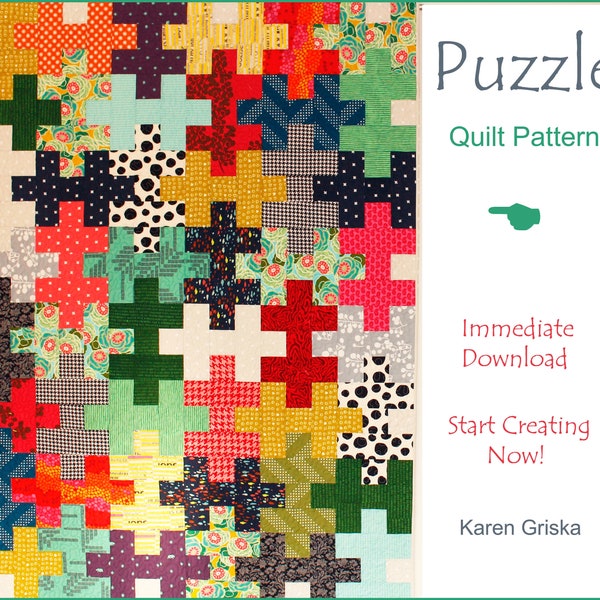 Puzzle Quilt Pattern, Easy Quilt, Scrap Quilt, Gift Quilt, Kids Quilt, Girl Quilt, Boy Quilt, Patchwork, Instant Download