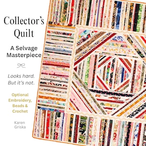 Puede incluir: Un edredón colorido con un diseño de patchwork, con varias tiras de tela en patrones rojos, blancos y florales. El edredón tiene el texto "Collector's Quilt" y "A Selvage Masterpiece". El edredón es una obra de arte.