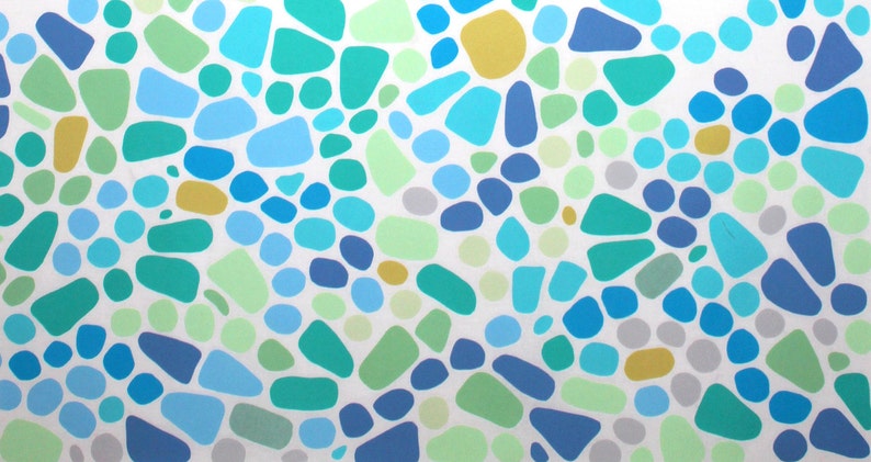 May include: Abstract pattern featuring a mosaic of irregular shapes and circles in shades of blue, green, yellow, and gray on a white background. The design is a repeating pattern of organic forms.