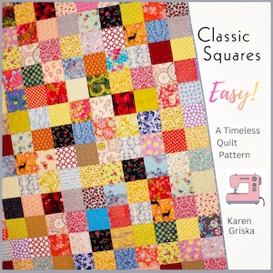 May include: A colorful patchwork quilt with a variety of patterned squares in shades of red, yellow, blue, and green. The quilt features floral, polka dot, and geometric designs. Text on the right reads "Classic Squares, Easy! A Timeless Quilt Pattern" with a sewing machine illustration.