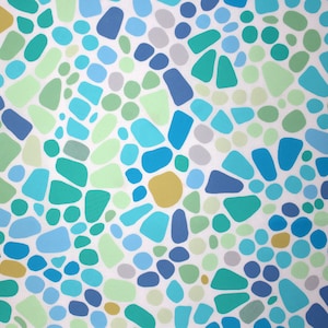 May include: Abstract pattern featuring a mosaic of irregular shapes and circles in shades of blue, green, gray, and yellow against a white background. The design is reminiscent of a pebble mosaic or a stylized natural landscape.