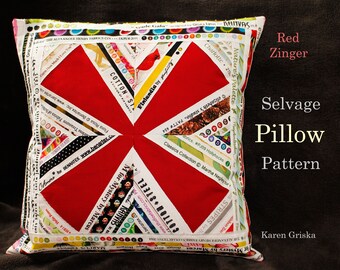 Red Zinger Selvage Pillow Pattern, 16" x 16", Quick and Easy DIY Project, Home Decor, Upcycled Quilt Fabrics, Selvages, Selvedges