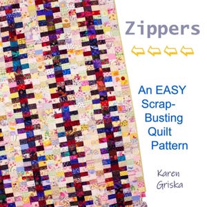 Könnte beinhalten: Ein farbenfrohes Quiltmuster namens "Zippers" ist ein einfaches Quiltmuster zum Verarbeiten von Stoffresten von Karen Griska. Der Quilt besteht aus vielen kleinen Stoffquadraten in verschiedenen Farben und Mustern.