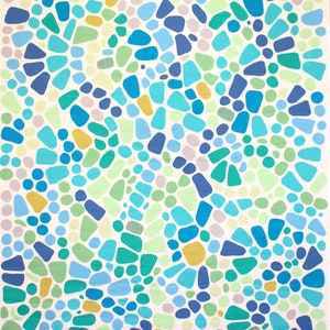 May include: Abstract artwork featuring a pattern of irregular shapes in shades of blue, green, and yellow against a white background. The shapes vary in size and are scattered across the canvas, creating a mosaic-like effect. The artwork is a painting.