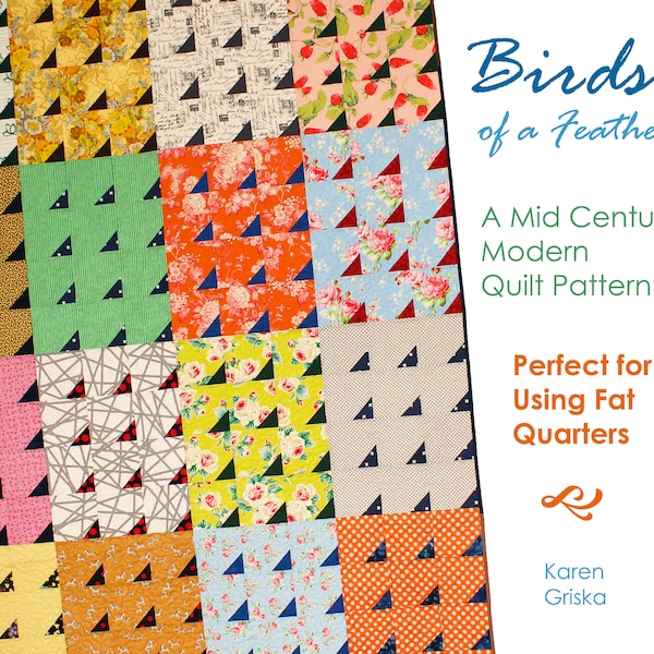 Birds of a Feather Quilt Pattern, Mid Century Modern Quilt Pattern, Easy Quilt, Fat Quarters, Patchwork, Instant Download pdf, 55" x 72"