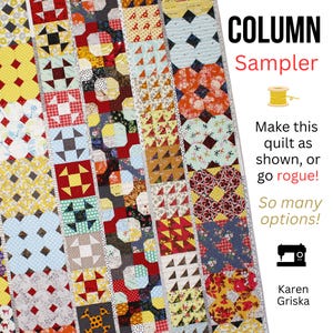May include: A colorful patchwork quilt with various geometric patterns in red, yellow, blue, and white. The quilt features the text "COLUMN Sampler" and instructions to make the quilt. A spool of thread and a sewing machine icon are also included.