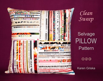 Clean Sweep Selvage Pillow Pattern, Quilt Fabric Upcycling Art, DIY Project, Home Decor, 16" x 16", Digital PDF, Start Creating Now!