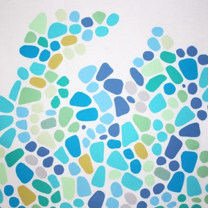 May include: Abstract art piece featuring a pattern of irregular shapes in shades of blue, green, and yellow against a white background. The shapes vary in size and are arranged in a flowing, organic design.