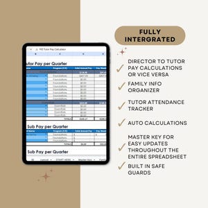 May include: A digital tablet displays a spreadsheet titled "FE Tutor Pay Calculator." The screen shows data organized in columns and rows, with the text "FULLY INTERGRATED" at the top. Features include pay calculations, family info organizer, and attendance tracker.