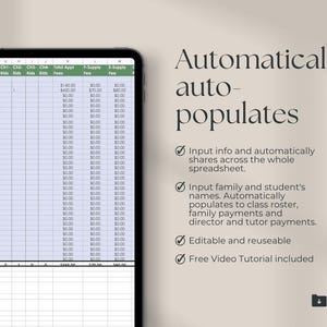 May include: A digital tablet displays a spreadsheet with financial data. The text "Automatically auto-populates" is featured, along with bullet points describing the spreadsheet's functions, including input sharing and automatic population of data.