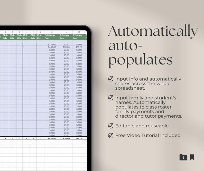 May include: A digital tablet displays a spreadsheet with financial data. The text "Automatically auto-populates" is featured, along with bullet points describing the spreadsheet's functions, including input sharing and automatic population of data.