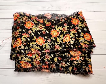 Black, Yellow, Orange Metallic Floral Cotton Frayed Fabric Ribbon, Hand-torn Fabric Strip