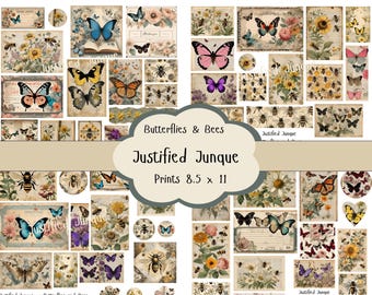Butterfly & Bee Ephemera: Vintage Nature Art, Journal Cards (Digital Download)