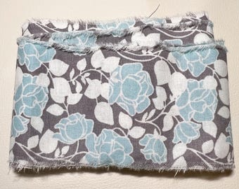 Blue  Gray and White Floral Cotton Frayed Fabric Ribbon, Hand-torn Fabric Strip