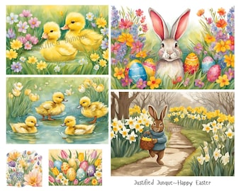 Easter Spring Ephemera: Floral Journal Cards, Bunny & Duckling Designs (Digital Download)