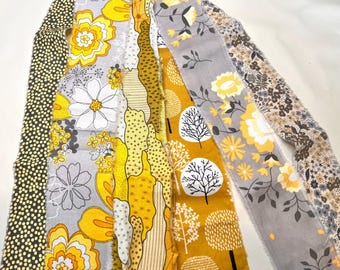 Torn Cotton Fabric Strips, Curated Bundle for Junk Journals & Slow Stitching, Yellow Gray Florals Dots Frayed Fabric Ribbon