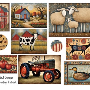 May include: A collection of 10 folk art paintings featuring a red barn, a cow, a tractor, a duck, a goat, sheep, and a house. The paintings are all in a primitive style with bright colors and simple shapes.